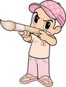 Gezeichnete Figur von Lennox: eine Comicgestalt mit rosa Kappe, die einen Pinsel wie ein Gewehr im Anschlag hält.