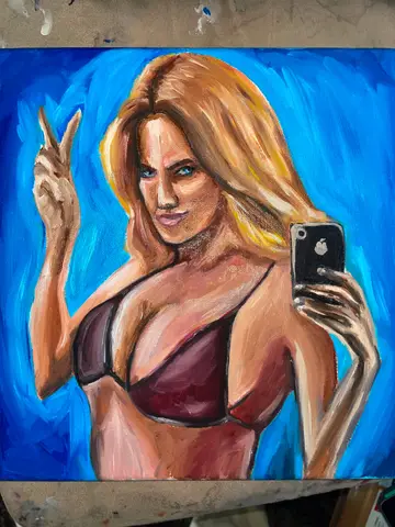 Gemälde einer Person, die ein Selfie mit dem Handy macht, blauer Hintergrund.