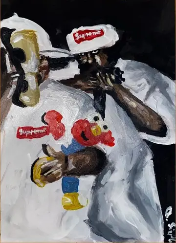 Gemälde einer Person mit Supreme-Kappe und Supreme-Shirt, in der Hand eine rote Puppenfigur.