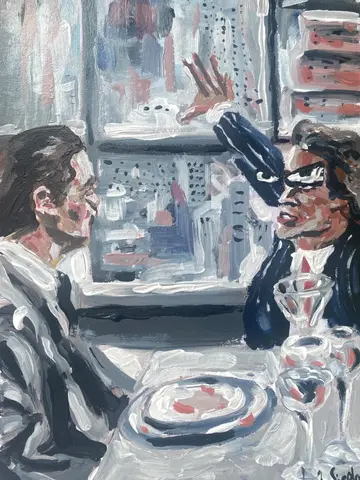 Gemälde zweier Personen an einem gedeckten Tisch vor einem Fenster, eine von beiden hebt die Hand.