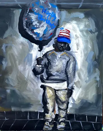 Gemälde eines Kindes mit gemusterter Mütze, das einen großen Ballon an einer Schnur hält.